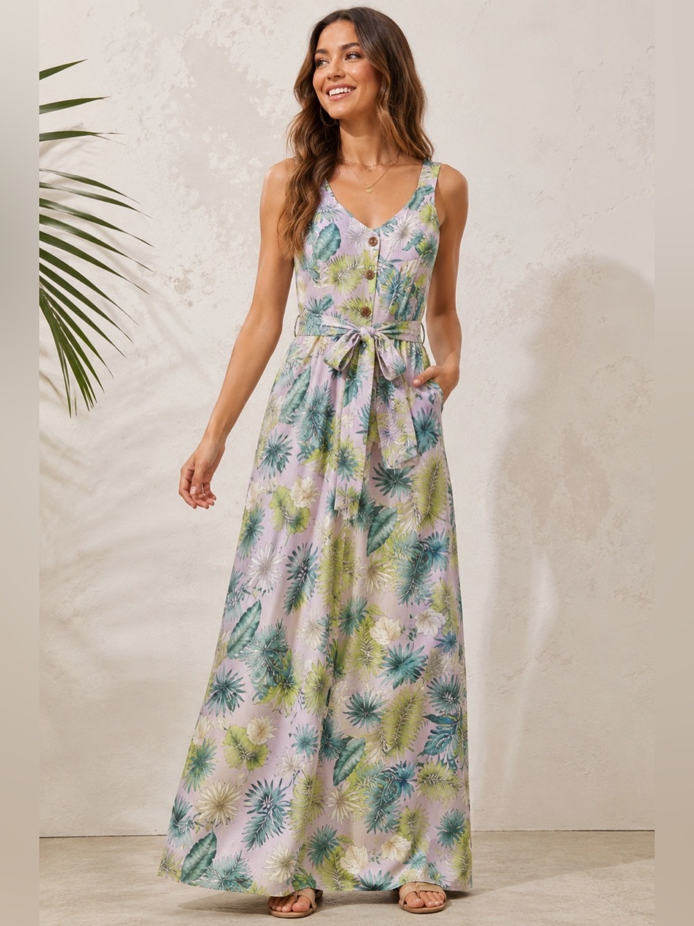 Monteau Dusty Lavender Tropical Print Maxi Dress Size L